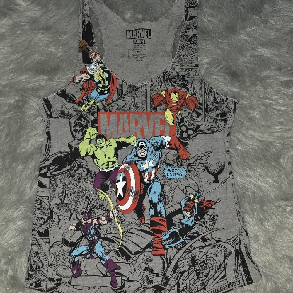 Marvel Gray Superhero Graphic Tank Top with Red, Blue, Green Accents